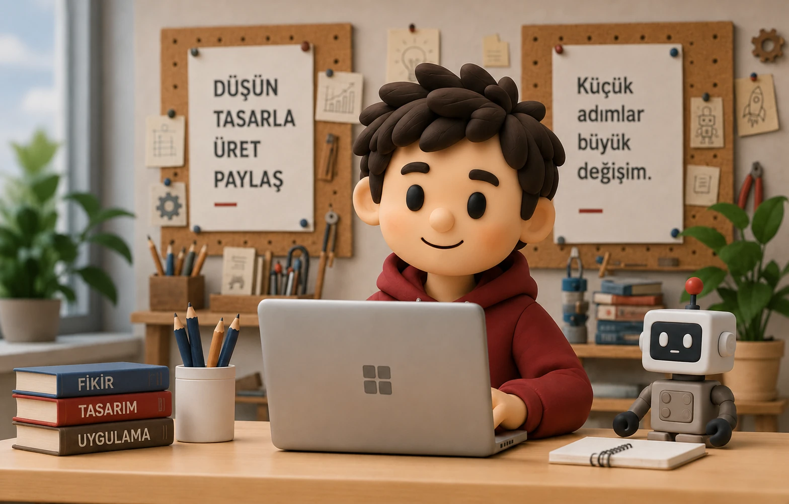 Öğrenme atölyesinde bilgisayarıyla çalışan öğrenci